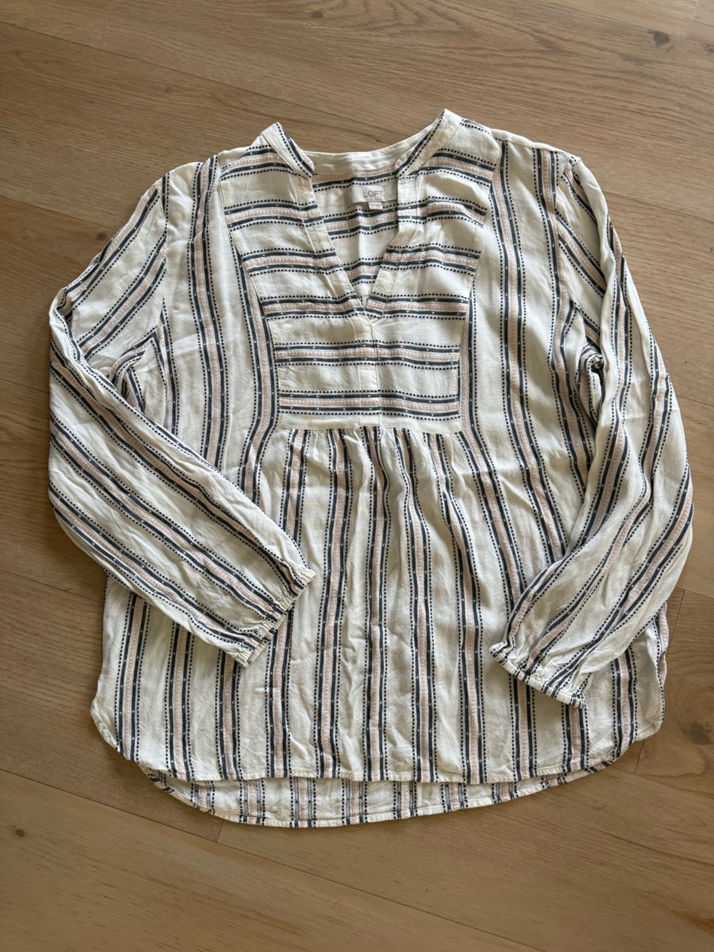 LOFT Cream and Black Striped Peasant Blouse